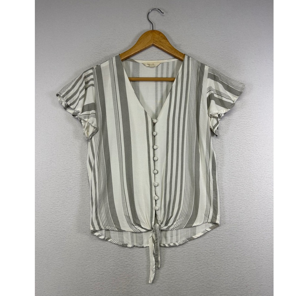 Boho Coastal Sim & Sam Womens Small White Grey Striped Tie Front Flutter Top